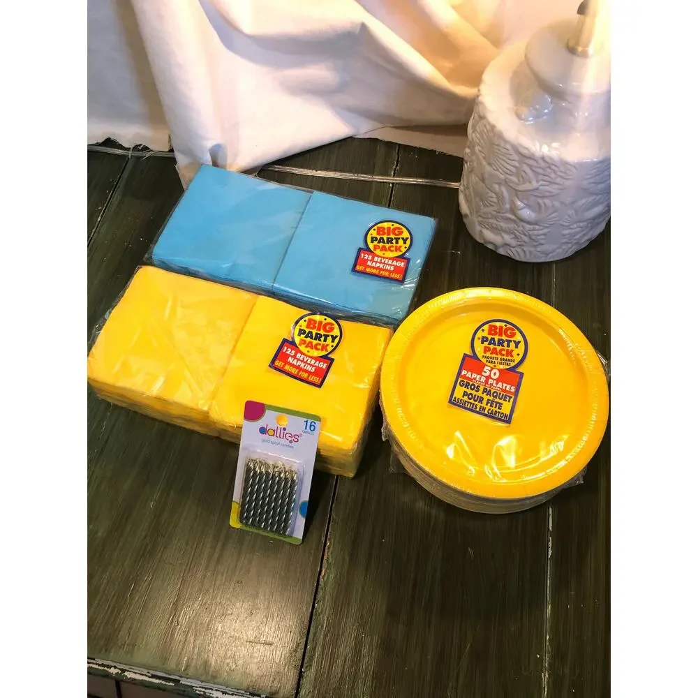 Dallies NEW Blue and Yellow Party Pack - Napkins, Small Plates, Candles
